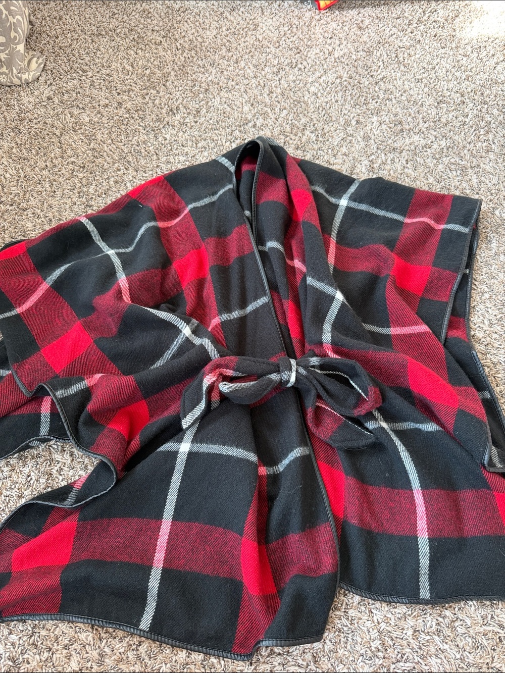 dressbarn Red and Black Plaid Wrap Cape with Tie